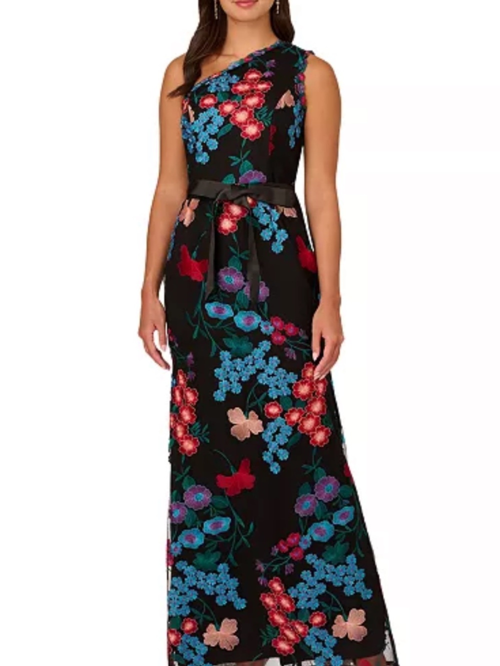 Adrianna Papell One Shoulder Black Gown with Floral Embroidery Size 4